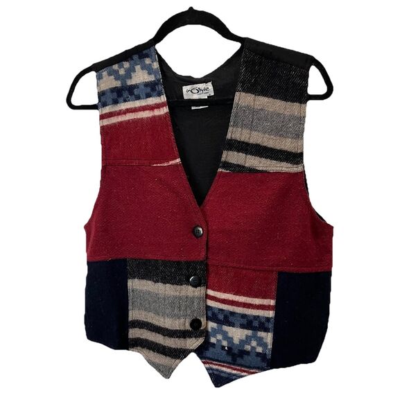 In Style Vtg Aztec Southwestern Western Sleeveless Vest Patchwork Red Black L - Picture 1 of 7